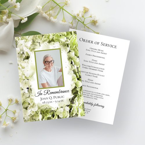Green Hydrangea Flowers Funeral Memorial Service Program