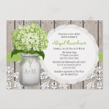 Green Hydrangea Monogram Mason Jar Bridal Shower Invitation by OccasionInvitations at Zazzle