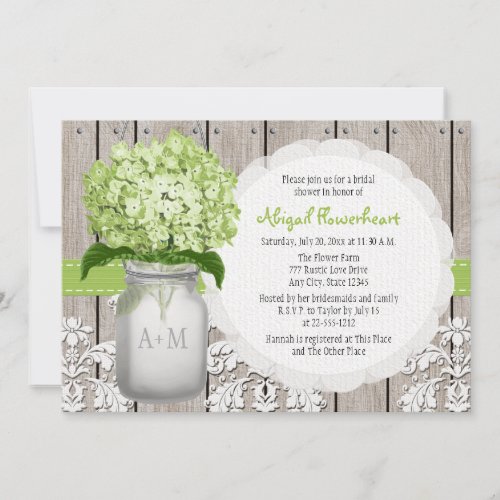 Green Hydrangea Monogram Mason Jar Bridal Shower Invitation