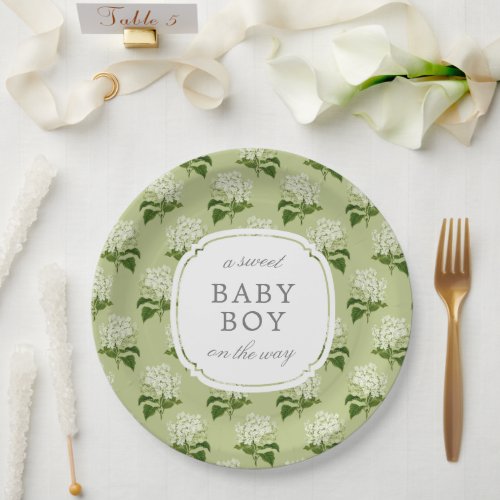Green Hydrangea Pattern Sweet Baby Gender Neutral Paper Plates