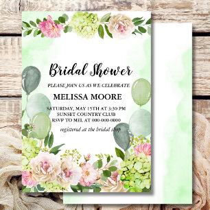 Green Hydrangea Pink Floral Balloons Bridal Shower Invitation