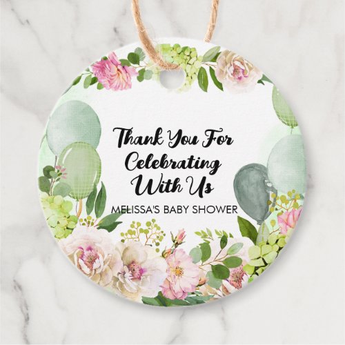 Green hydrangea pink floral balloons thank you favor tags
