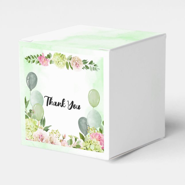 Green Hydrangea Pink Floral Sage Balloon Custom Favor Boxes (Front Side)