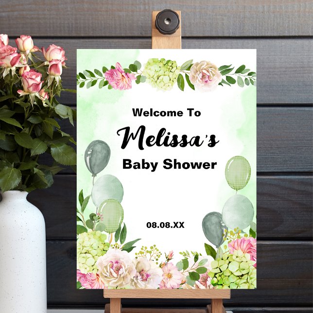 Green Hydrangea Pink Floral Welcome Baby Shower Foam Board (Creator Uploaded)