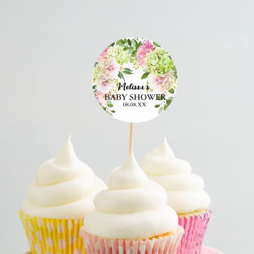 Green hydrangea pink florals cupcake toppers classic round sticker