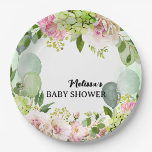Green hydrangea pink florals sage green balloons paper plates