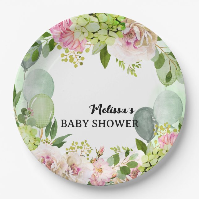 Green hydrangea pink florals sage green balloons  paper plates (Front)