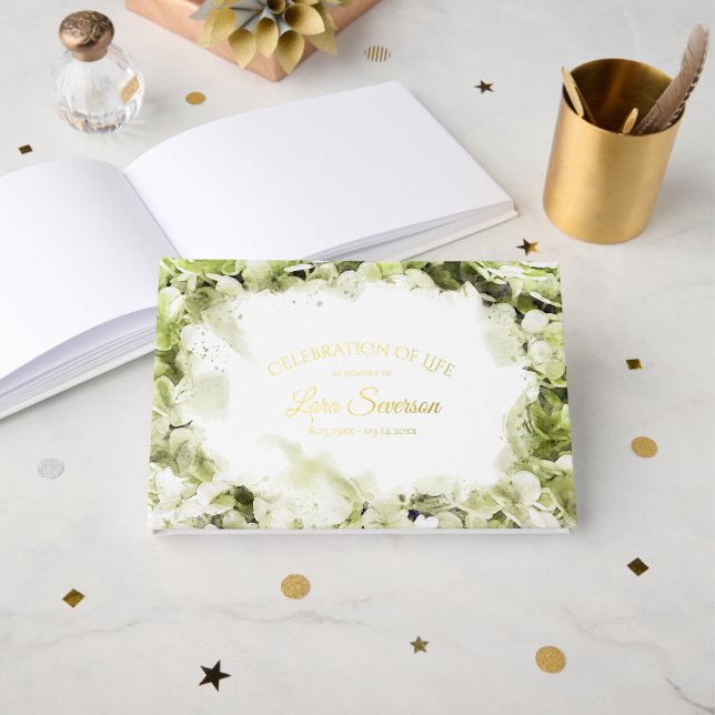 Green Hydrangea Watercolor Celebration of Life Foil Guest Book (Front Open)