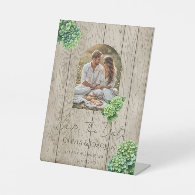 Green Hydrangea Wedding Invitation Pedestal Sign (Front)