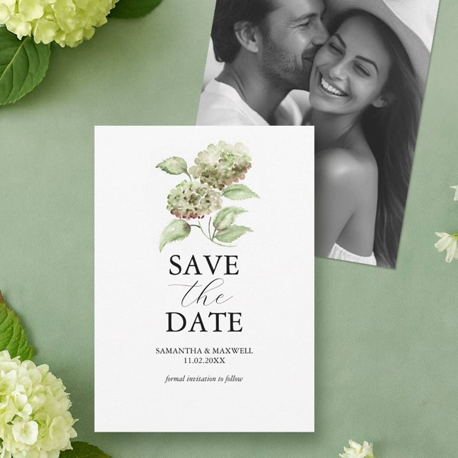 Green Hydrangea Wedding Save The Dates with Photo Date (green hydrangea photo save the date with hand painted watercolor floral art Victoria Do Tell A Belle)
