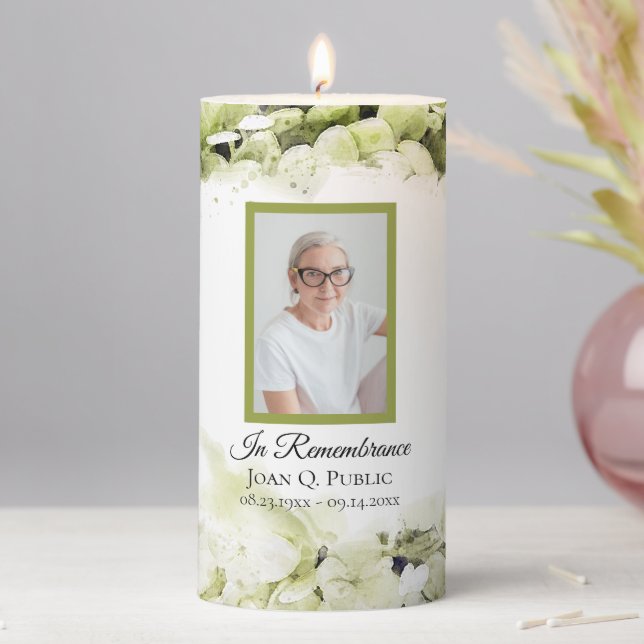 Green Hydrangeas Funeral Memorial Pillar Candle (In Situ)