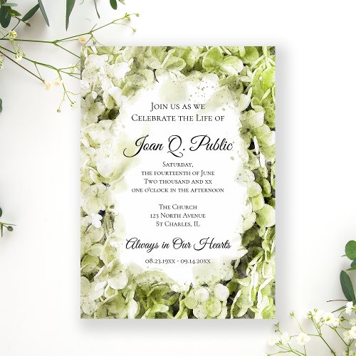 Green Hydrangeas Watercolor Celebration of Life Invitation