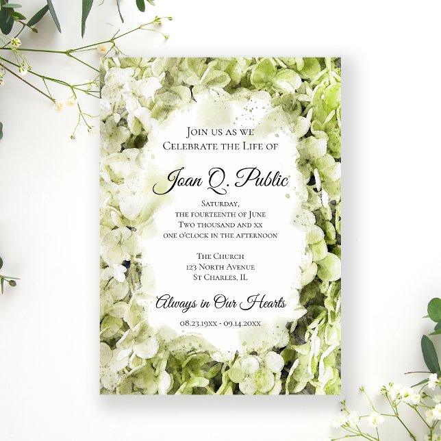 Green Hydrangeas Watercolor Celebration of Life Invitation (Creator Uploaded)