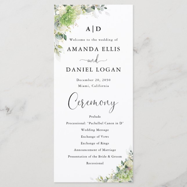 Green Hydrangeas Wedding Program (Front)