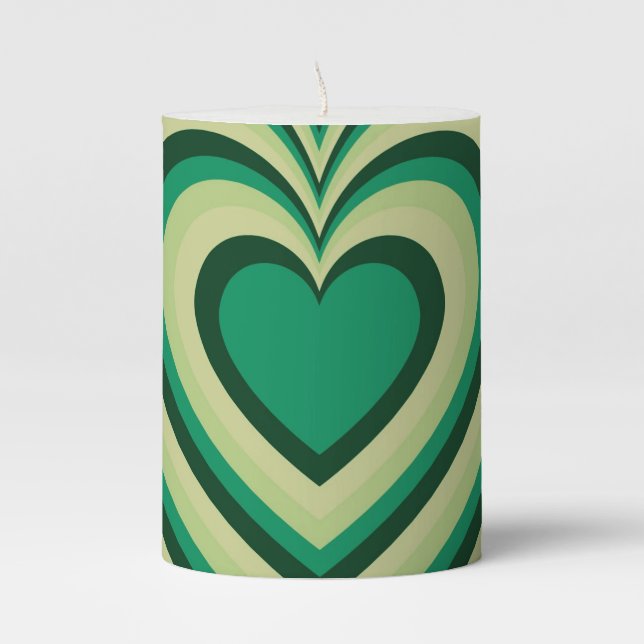 Green Hypnotic Heart Love Pattern Pillar Candle (Front)