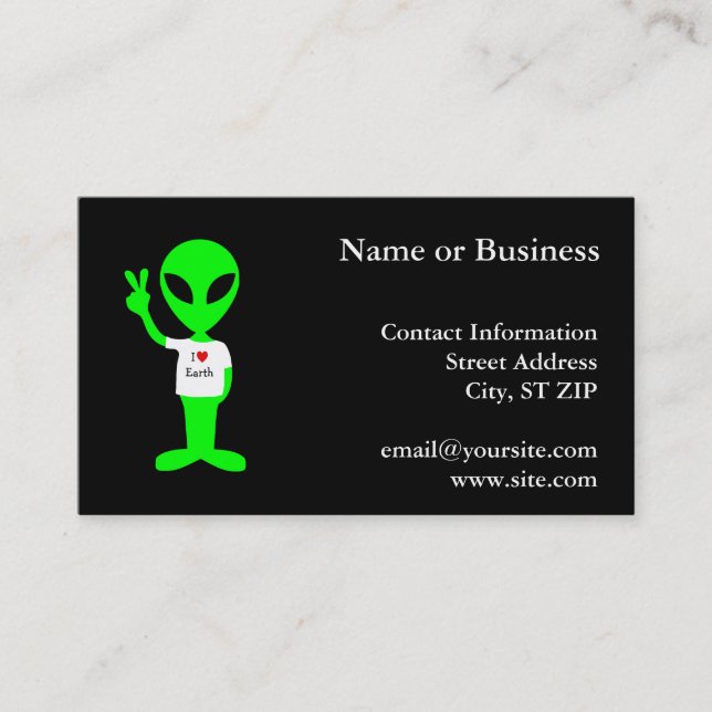 Green "I Love Earth" Alien Business Card (Front)