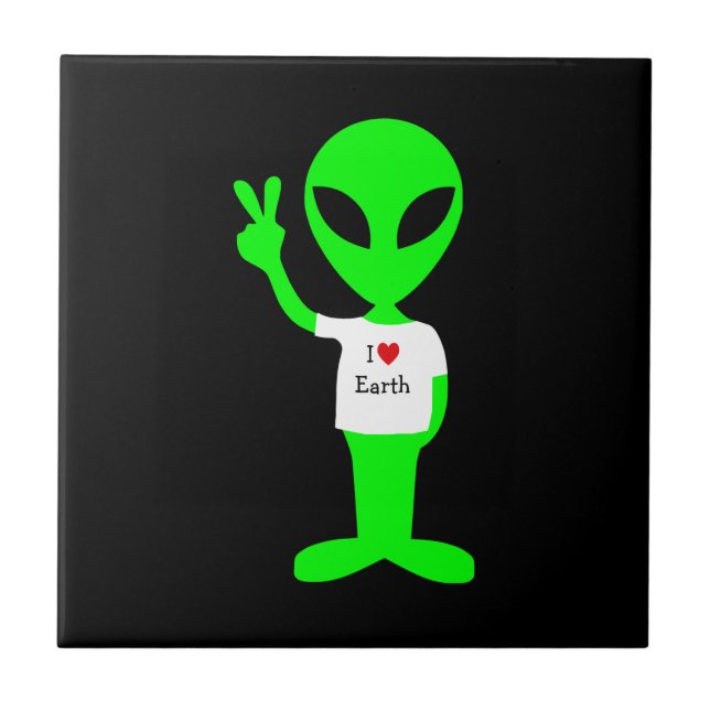 Green "I Love Earth" Alien Ceramic Tile (Front)