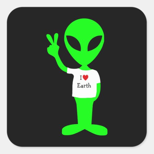 Green I Love Earth Alien Square Sticker