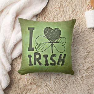 Green I Love Irish Shamrock Clover Throw Pillow