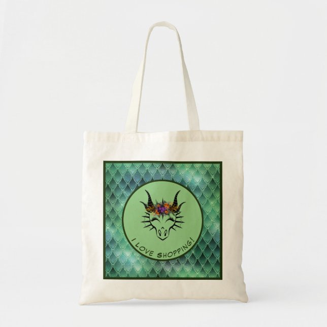 Green I Love Shopping Dragon Head & Scales Tote Bag (Front)