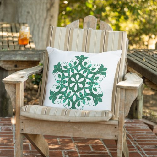 Green Ice Crystal Flower Pattern On White Outdoor Pillow