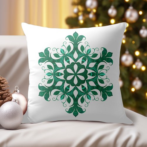 Green Ice Crystal Flower Pattern On White Throw Pillow