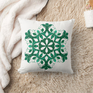 Green Ice Crystal Flower Pattern On White Throw Pillow