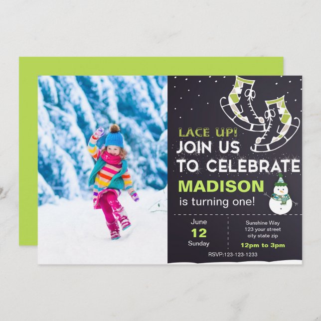 Green Ice Skate Birthday Invitation with photo (Front/Back)