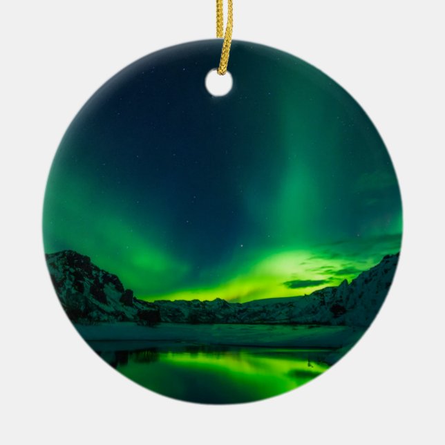 Green Iceland northern lights Ceramic Ornament (Front)