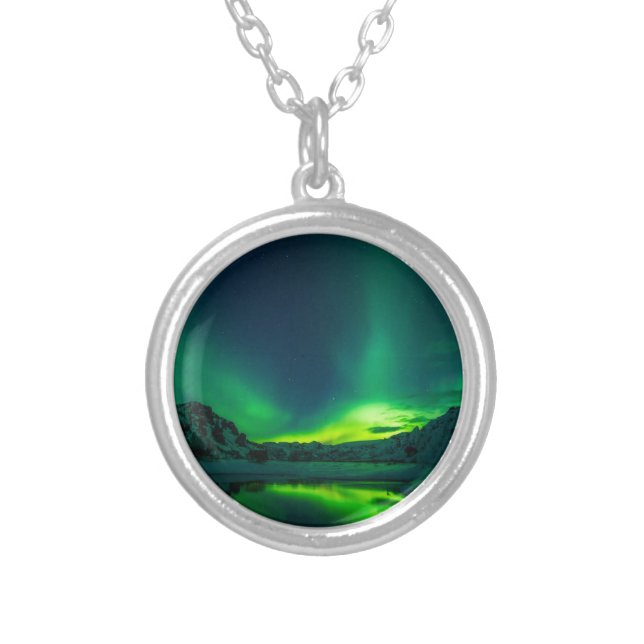 Green Iceland northern lights Silver Plated Necklace (Front)