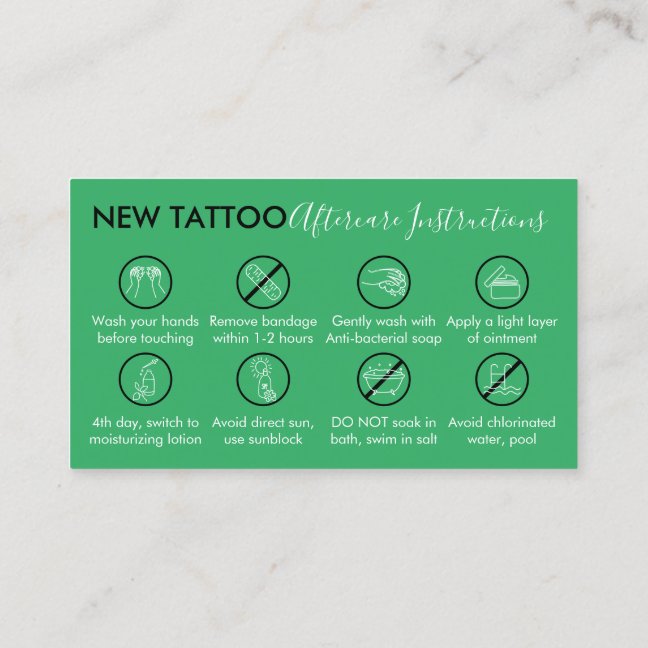 Green Icon Body Art Aftercare Instructions Tattoo Business Card
