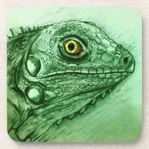 Green Iguana 6 Coasters Set, Realistic Drawing