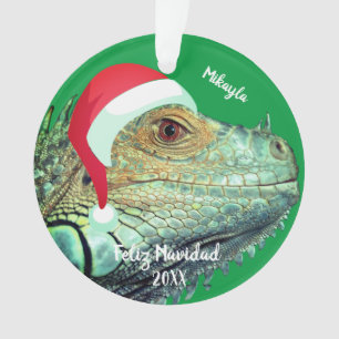 Green Iguana in Santa Hat Ornament