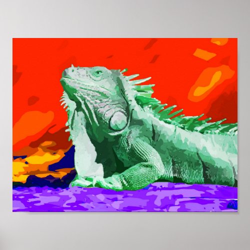 Green Iguana Lizard Painted Portrait Poster
