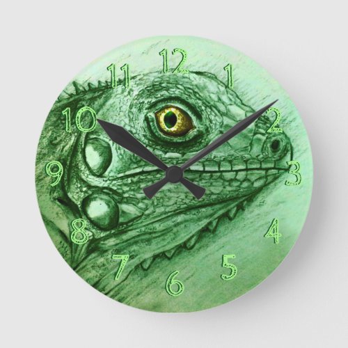 Green Iguana Round Clock Realistic Drawing Round Clock