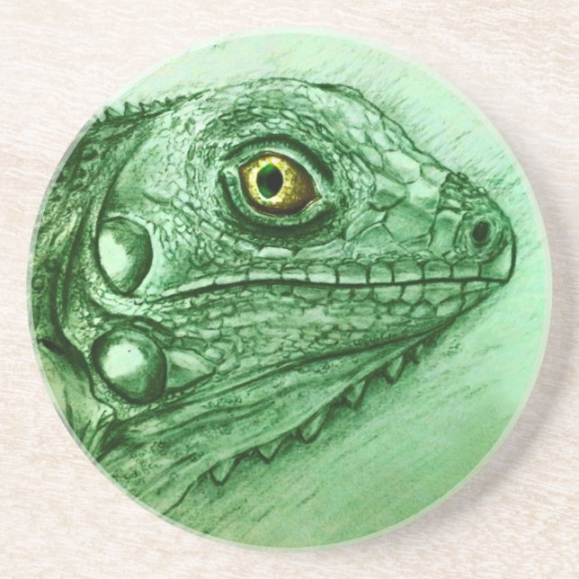 Green Iguana SandStone Coaster, Realistic Drawing Coaster (Front)