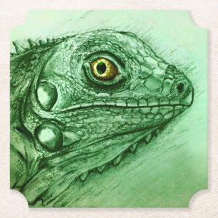 Green Iguana Shaped Coaster, Realistic Drawing Paper Coaster