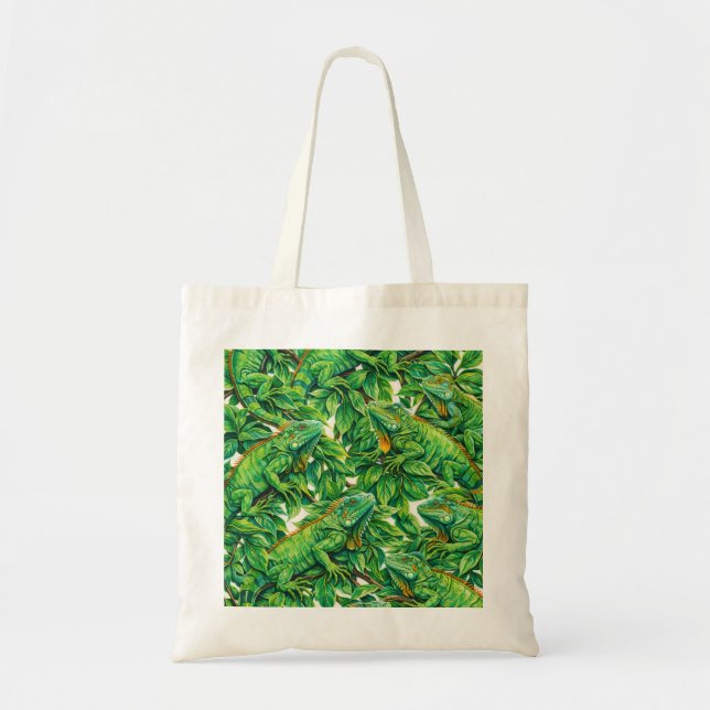 Green Iguana Tropical Jungle Leaves Pattern Tote Bag (Front)