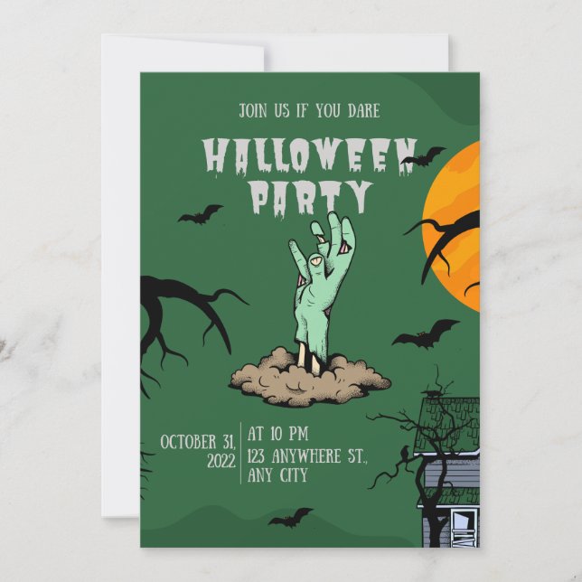 Green Illustrated Halloween Party Invitation (Front)