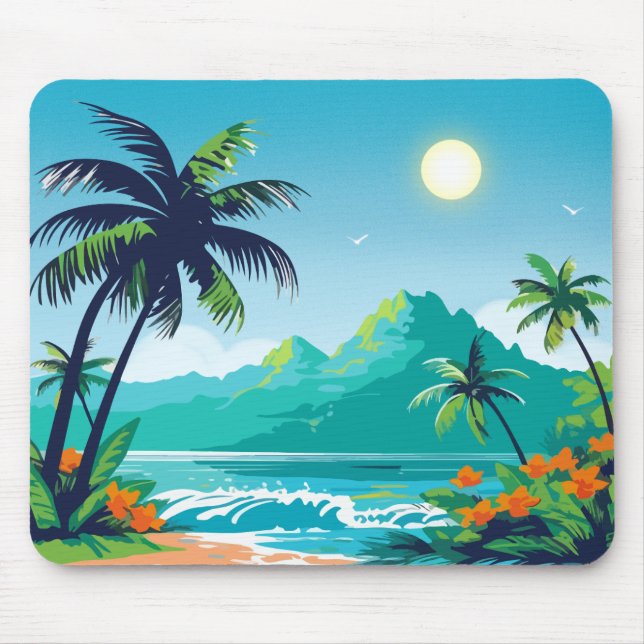 Green Illustrated Tropical Island Mouse Pad (Front)