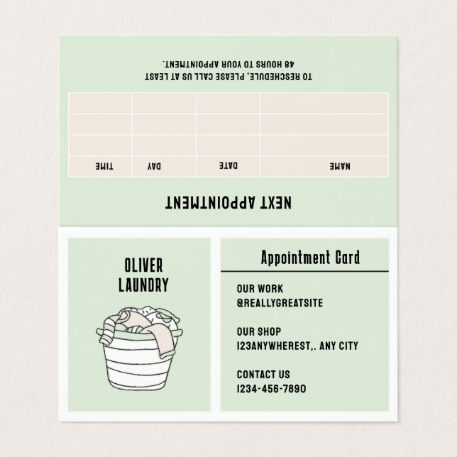 Green Illustration Laundry Basket Appointment Business Card (Outside Unfolded)