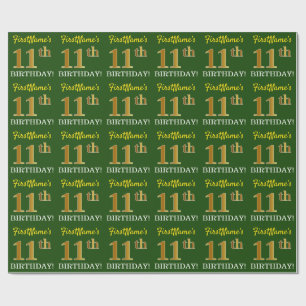 Green, Imitation Gold Look "11th BIRTHDAY" Wrapping Paper