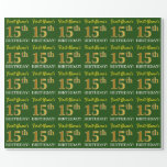 [ Thumbnail: Green, Imitation Gold Look "15th Birthday" Wrapping Paper ]