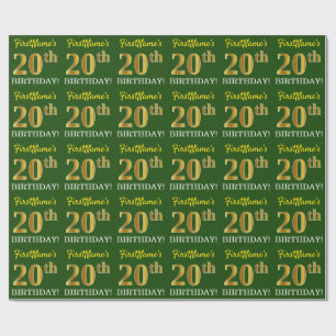 Green, Imitation Gold Look "20th BIRTHDAY" Wrapping Paper