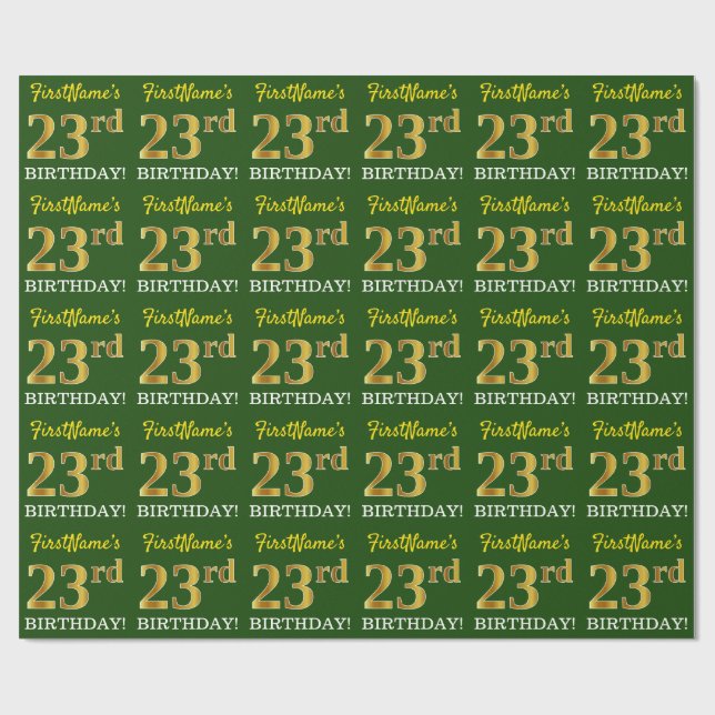 Green, Imitation Gold Look "23rd BIRTHDAY" Wrapping Paper (Flat)