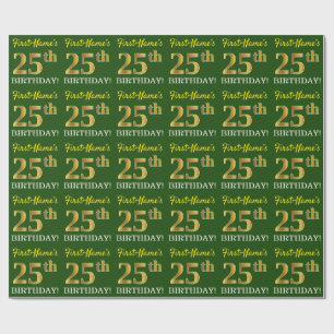 Green, Imitation Gold Look "25th BIRTHDAY" Wrapping Paper