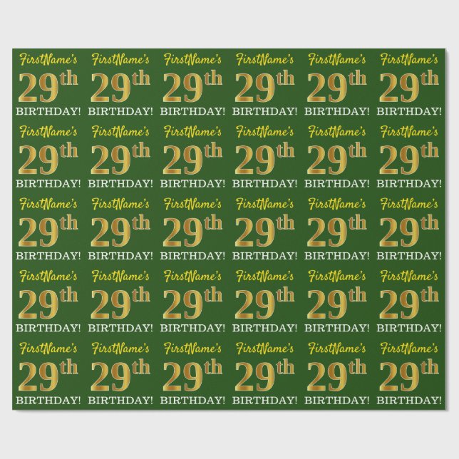 Green, Imitation Gold Look "29th BIRTHDAY" Wrapping Paper (Flat)