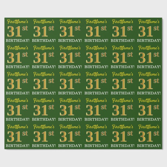 Green, Imitation Gold Look "31st BIRTHDAY" Wrapping Paper (Flat)