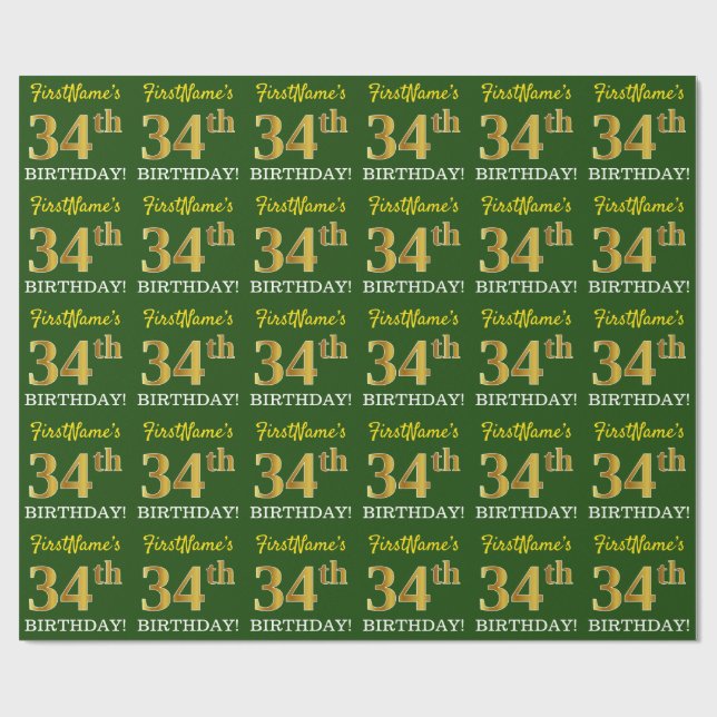Green, Imitation Gold Look "34th BIRTHDAY" Wrapping Paper (Flat)