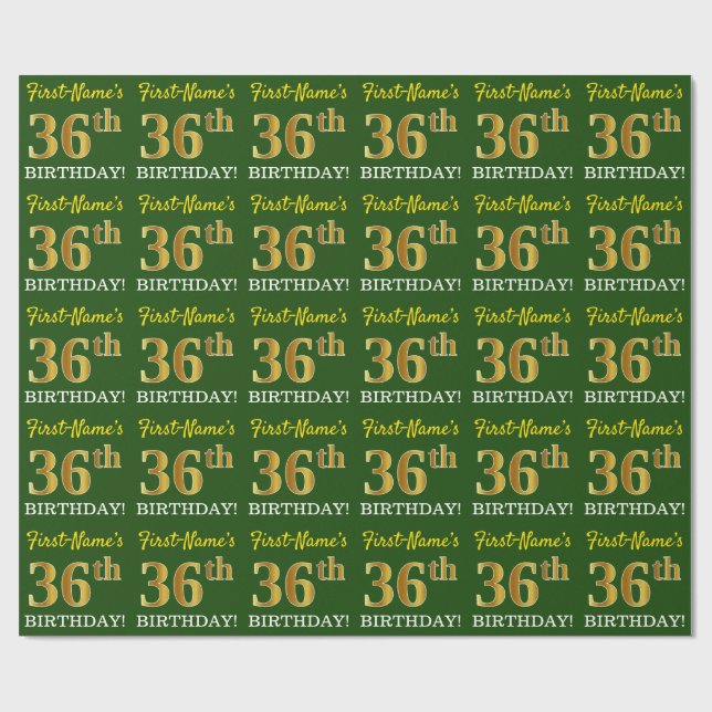 Green, Imitation Gold Look "36th BIRTHDAY" Wrapping Paper (Flat)